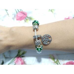 Tibetan Silver Tree of Life Charm Bracelet Silver/Green Accents